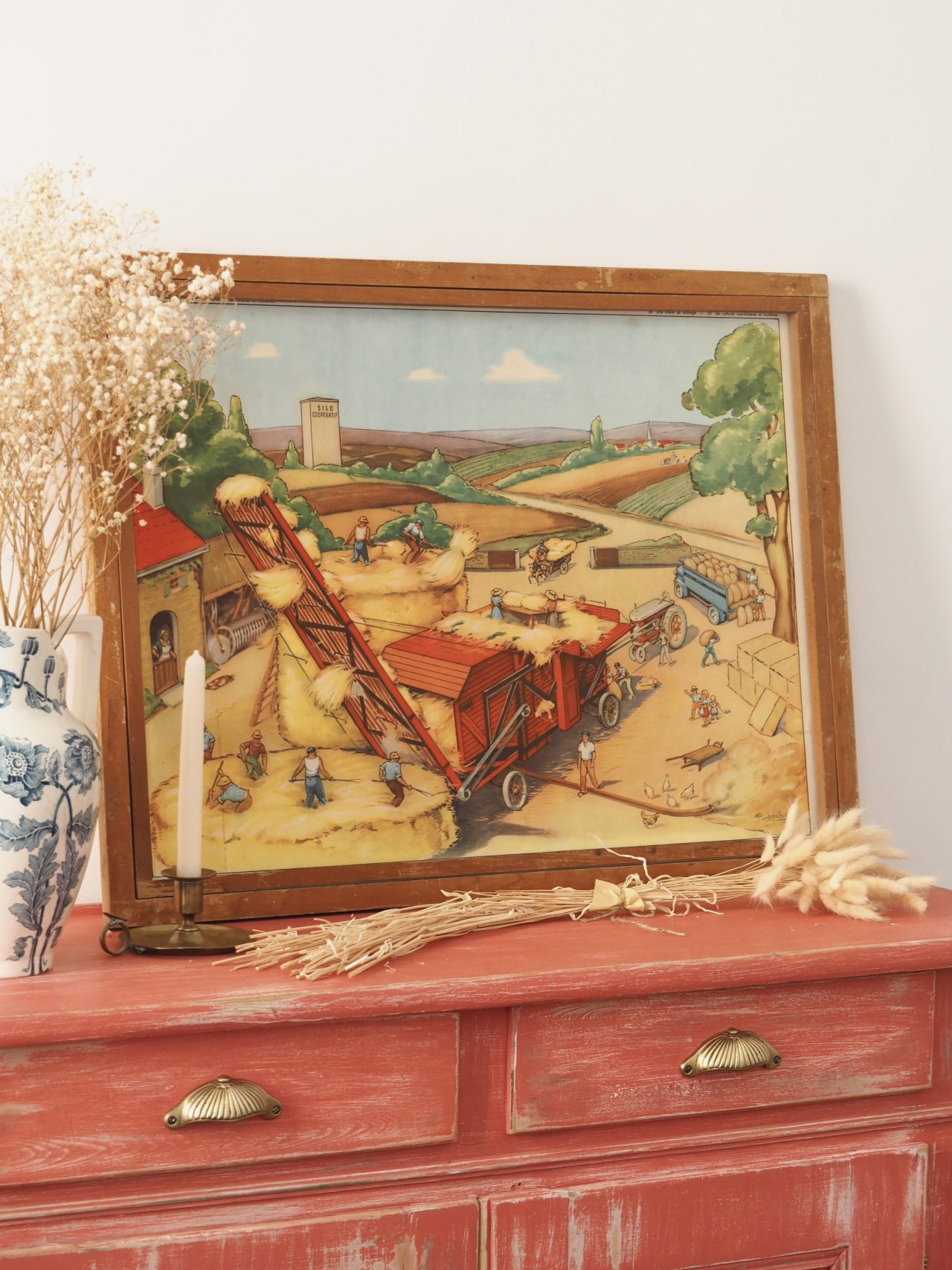 Affiche Rossignol géographie n°53 et 54 Scène de battage et cultures maraîchère, fruitières